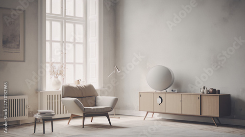 3D rendering of a mid-century modern living room interior with a large window, a gray armchair, a wooden sideboard, a lamp, books, a vase, and a speaker photo