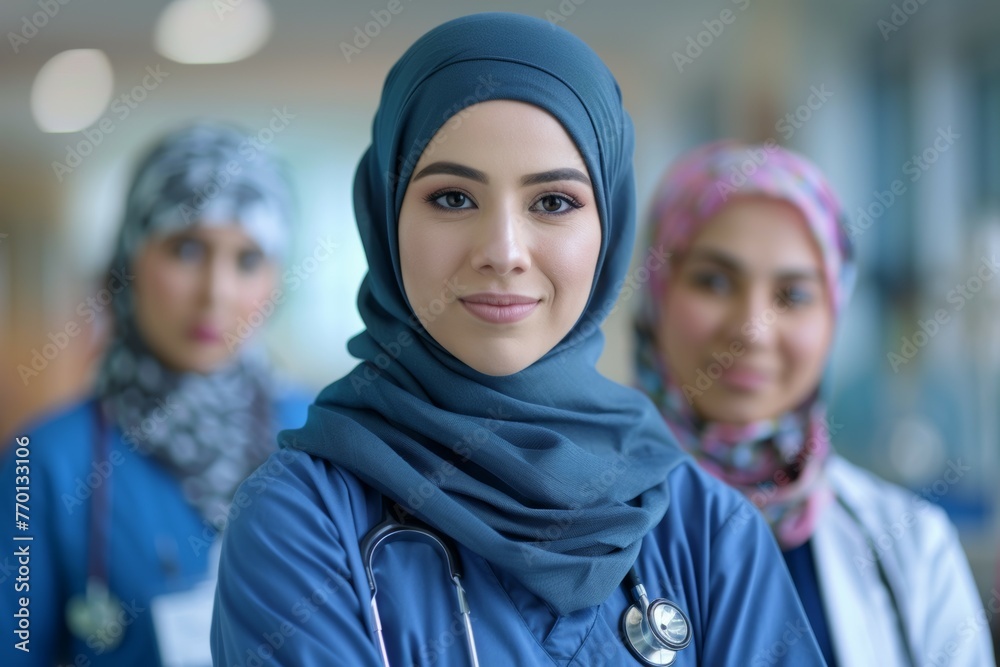 Three women wearing blue scrubs and blue head scarves are posing for a photo Three women wearing blue scrubs and blue head scarves are posing for a photo