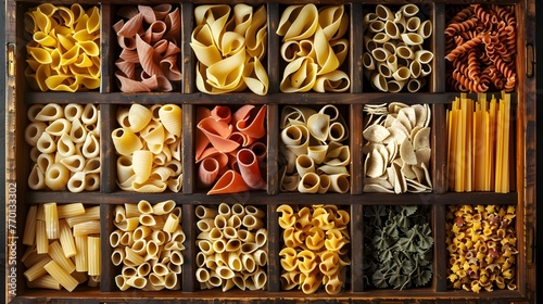 Pasta assorted. Set of different types of paste in the cells of a wooden box.