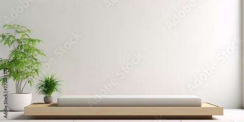 3D rendering of a minimalist Japanese bedroom with a tatami mat, a futon, and a potted plant.