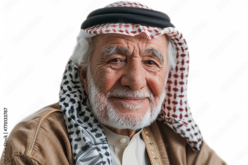 A man with a white beard and a black and red scarf on his head A man with a white beard and a black and red scarf on his head