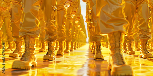golden buddha statue in temple, Section of soldiers legs in military uniform and boots standing in line at camp american army, Cultural Heritage: Golden Buddha in Temple Sanctuary, Generative AI,  photo