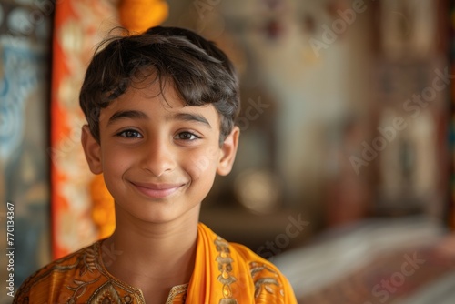 A young boy wearing a yellow outfit is smiling and looking at the camera © top images