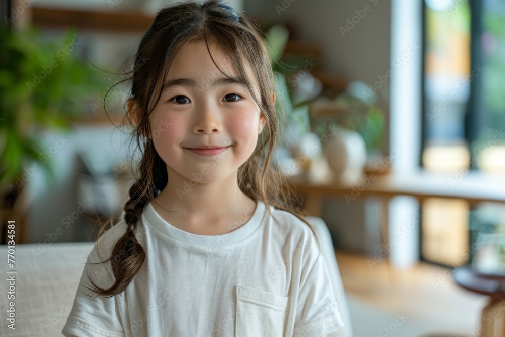 A young girl with long hair and a white shirt is smiling A young girl with long hair and a white shirt is smiling