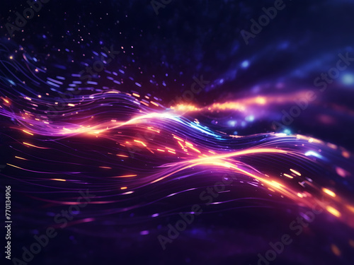 Vector glitter light fire flare trace. Abstract image of speed motion on the road. Dark blue abstract background design with ultraviolet neon glow, blurry light lines, and waves design