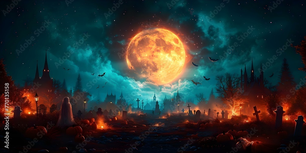 Enchanting Halloween Scene with Moon, Pumpkins, Trees, Graveyard, Ghosts, and Mysterious Night Backdrop. Concept Halloween Photoshoot, Moonlit Backdrop, Spooky Props, Ghostly Characters - obrazy, fototapety, plakaty 