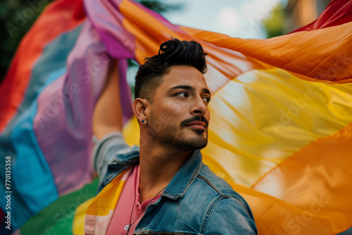 Carrying the gay lgbt flag, young latino man waving the rainbow-coloured fabrics on gay pride day