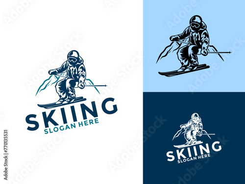 skiing and winter Sports logo vector template, snowboard or ski logo with skier and mountain vector