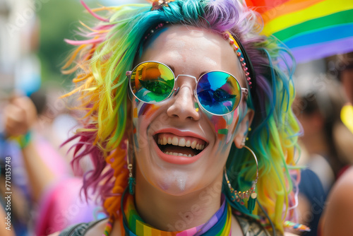 Transsexual person at gay pride parade, person laughing in the streets full of people having fun celebrating lgbt pride