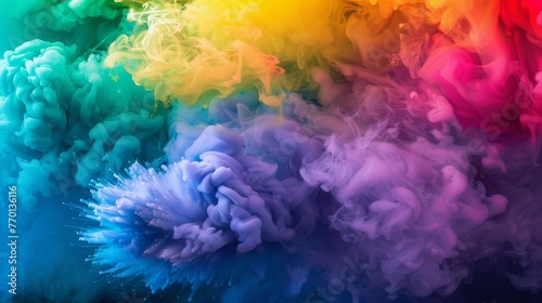 A vibrant explosion of rainbow smoke fills the air creating a stunning display of colors.