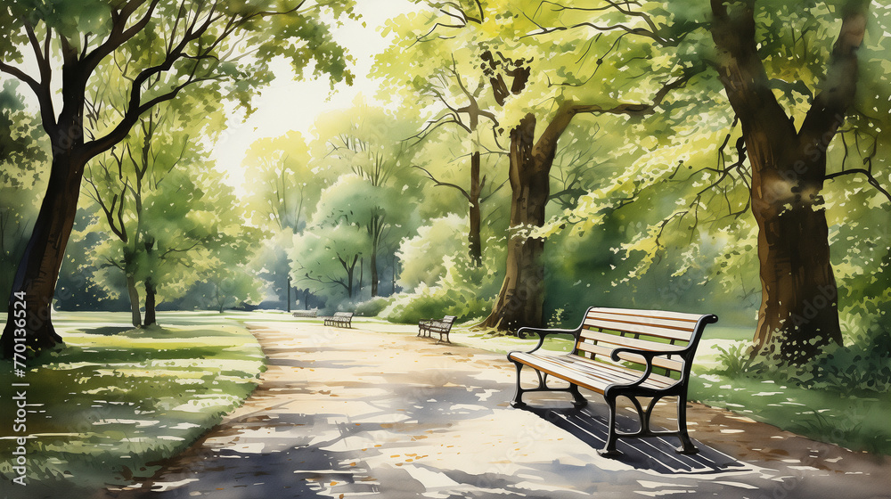 A watercolor painting of a sunlight in park pathway lined with benches, inviting a moment of relaxation amidst lush green trees.