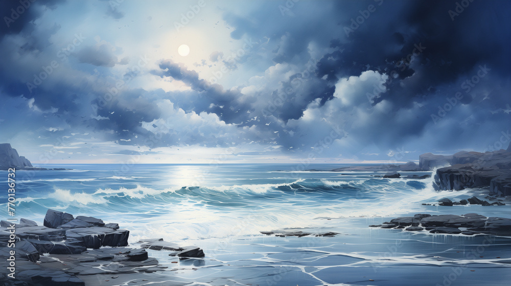 Wave Conjuring Digital painting of full moon with waves crashing against the rocky ...