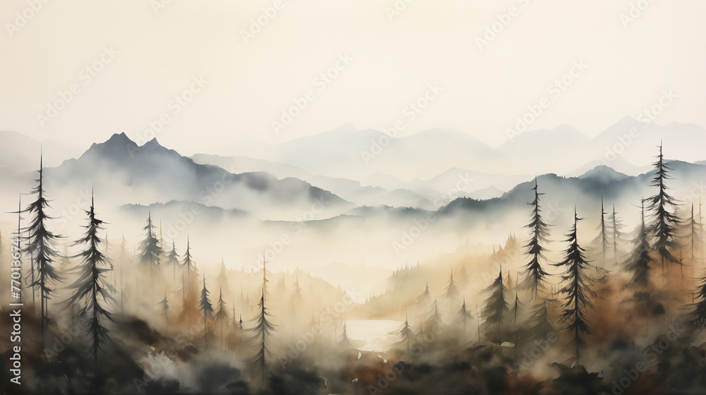 Capturing the tranquility of mist-shrouded forests and mountains, a watercolor painting evokes depth and serenity within the landscape.
