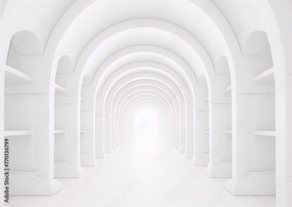 Futuristic empty white arched hallway interior with bright light at the end