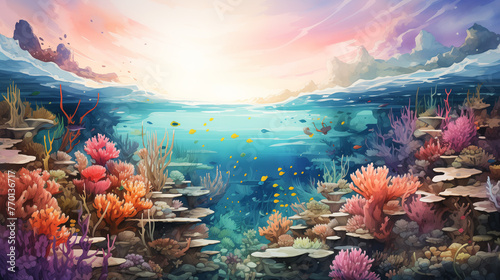 Dive into the depths of a colorful coral reef with this vivid watercolor painting, capturing its rich and vibrant marine life. © NaphakStudio