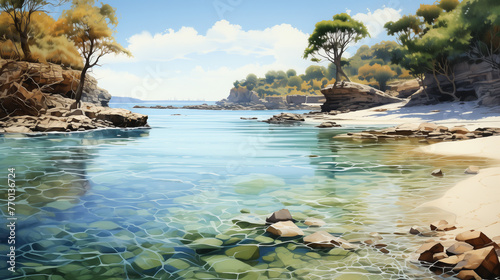 A watercolor depiction of a secluded bay with crystal-clear waters, colorful fish, and a hidden sandy beach.