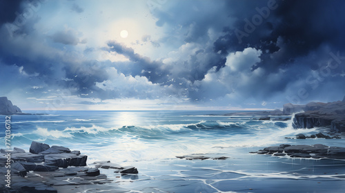 Digital painting of full moon with waves crashing against the rocky shores under a dynamic sky, conjuring a sense of the ocean's timeless rhythm.