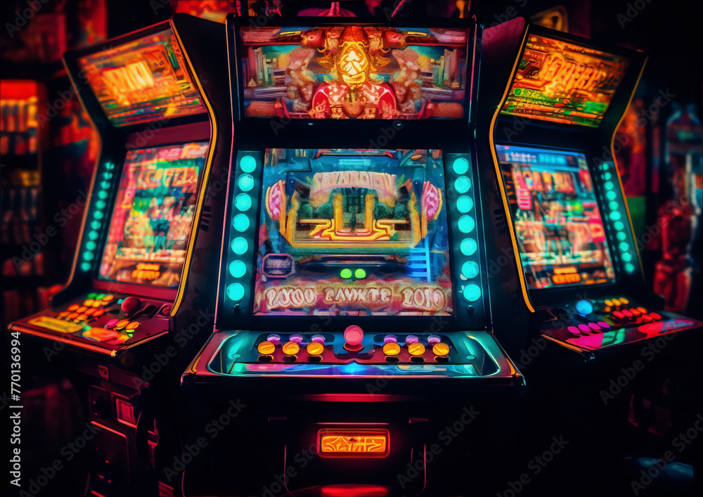 Retrofuturistic arcade game machines with bright neon lights in a dark room, retro, science fiction, interior, 80s