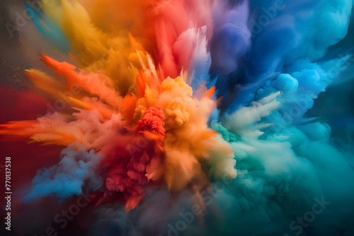 Colorful explosion made out of dust and powdered smoke. AI illustration. 