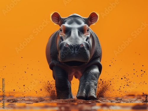 Majestic hippopotamus strut on orange: powerful hippopotamus marches forward against a striking orange background