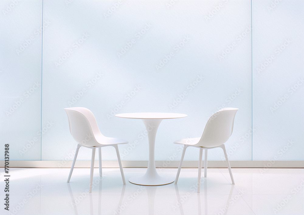 3D rendering of a minimalist interior with two chairs and a table in a bright room with white walls and tiled floor. 3D rendering of a minimalist interior with two chairs and a table in a bright room with white walls and tiled floor.