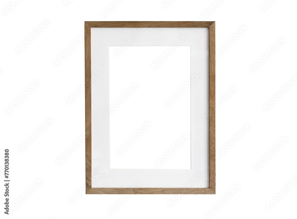 Realistic thin photo frame mockup. Simple, clean portrait large a3, a4 wooden frame mock-up isolated on transparent background. Modern, minimal poster template. Vertical brown picture frame - obrazy, fototapety, plakaty 