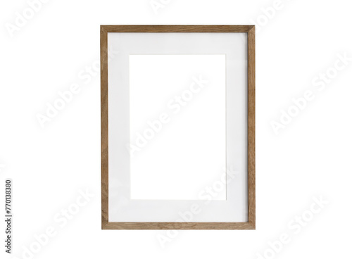 Realistic thin photo frame mockup. Simple, clean portrait large a3, a4 wooden frame mock-up isolated on transparent background. Modern, minimal poster template. Vertical brown picture frame © tabitazn