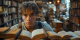 A young man immersed in a world of books reading literature with the help of neural network technology. Concept Reading, Literature, Technology, Young Adult, Neural Networks