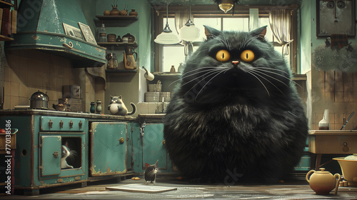 Big fat fantasy cat in the kitchen