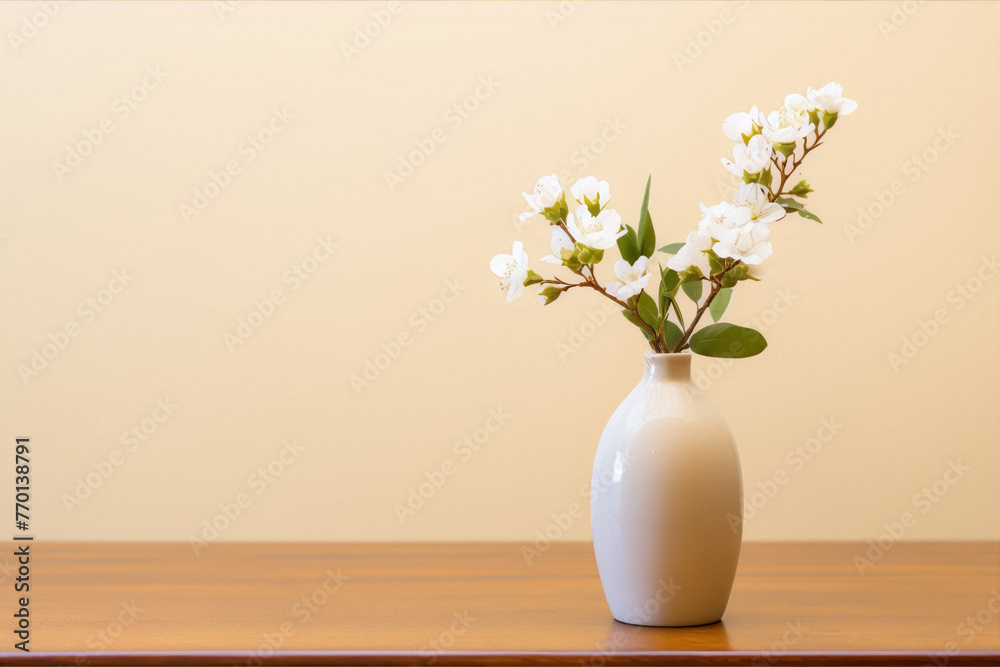 Delicate white cherry blossoms in a ceramic vase on a wooden table against a beige background, Japanese ikebana style Delicate white cherry blossoms in a ceramic vase on a wooden table against a beige background, Japanese ikebana style