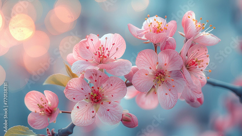 Flowering fruit trees in spring. Blooming branch of cherry, apricot, apple tree in sunny weather in spring.