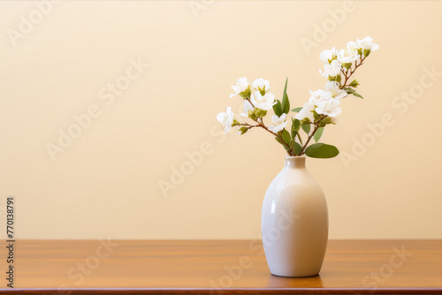 Wallpaper Mural Delicate white cherry blossoms in a ceramic vase on a wooden table against a beige background, Japanese ikebana style Torontodigital.ca