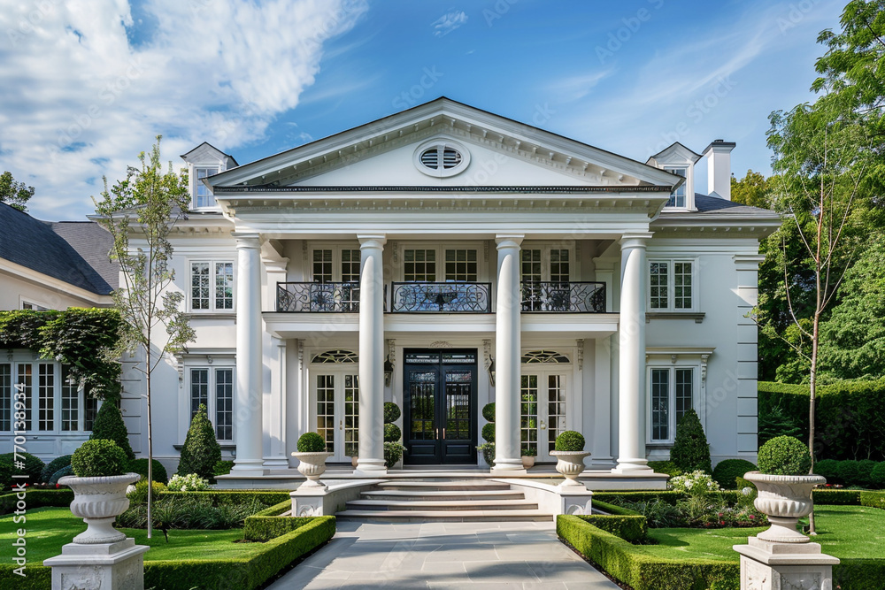 An elegant colonial-inspired exterior with white pillars, a symmetrical design, and a grand entrance.