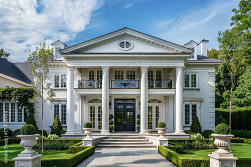 An elegant colonial-inspired exterior with white pillars, a symmetrical design, and a grand entrance. © Image Studio