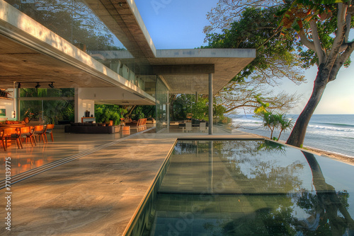 A modernist beachfront villa with a cantilevered design, expansive glass walls, and private access to the beach. photo