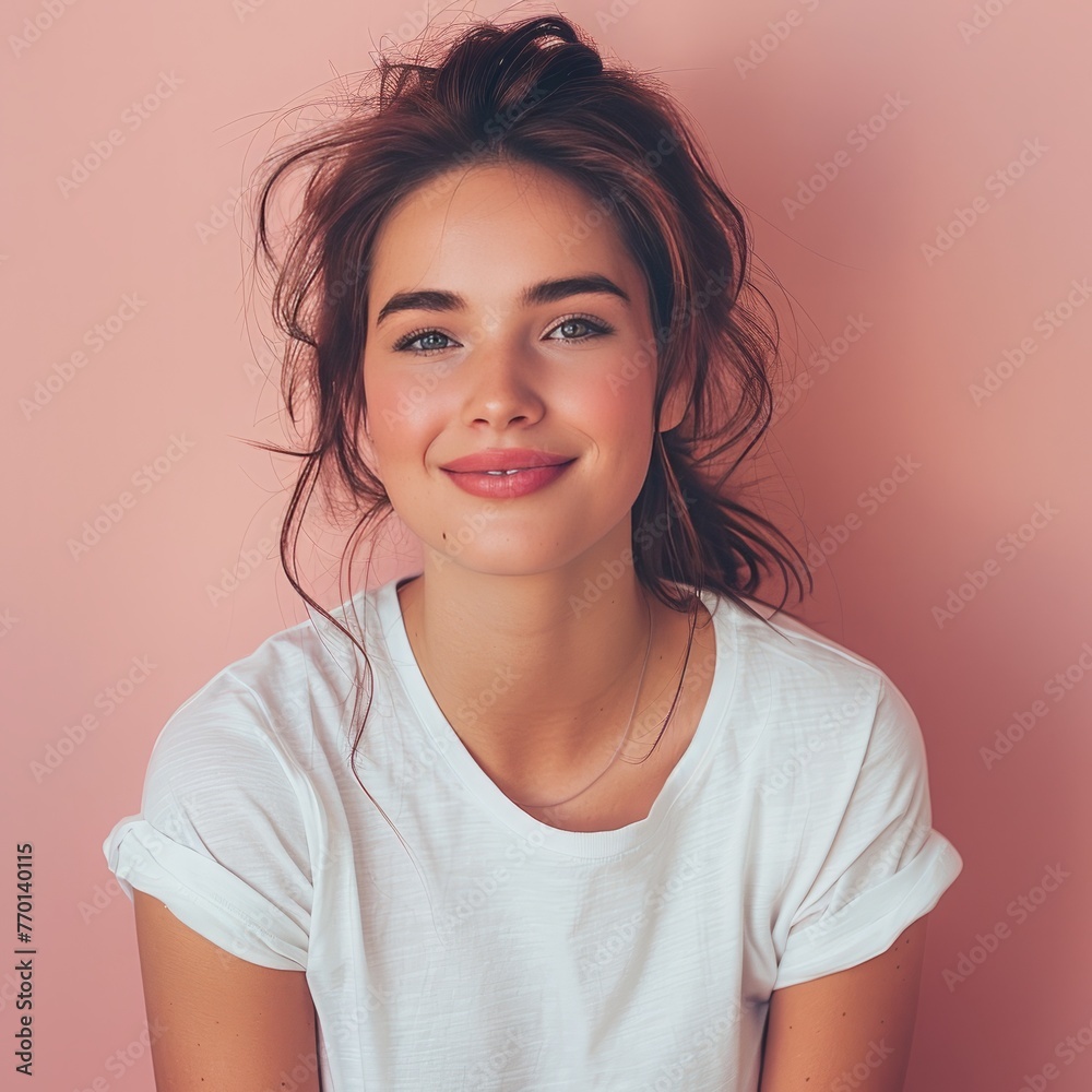 Beautiful woman, wearing white t-shirt, portrait realistic photo Beautiful woman, wearing white t-shirt, portrait realistic photo