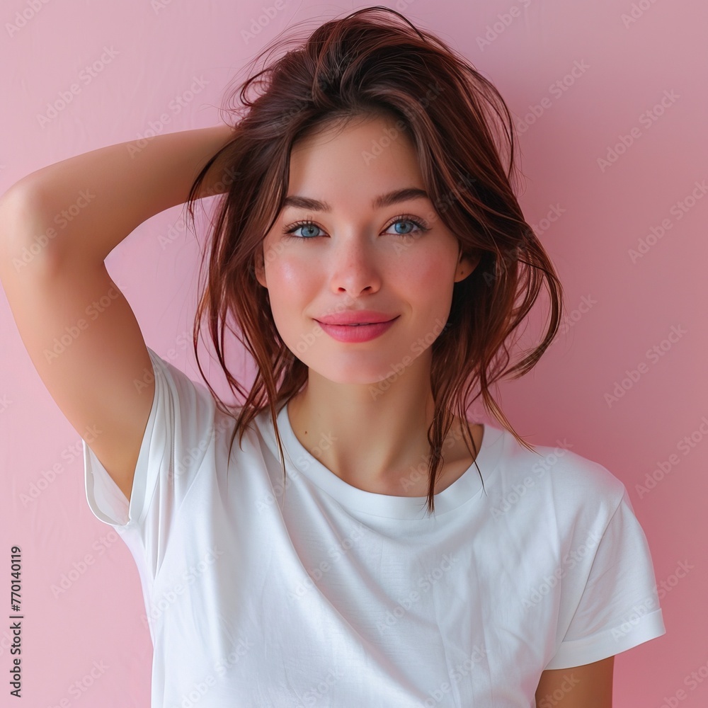 Beautiful woman, wearing white t-shirt, portrait realistic photo Beautiful woman, wearing white t-shirt, portrait realistic photo