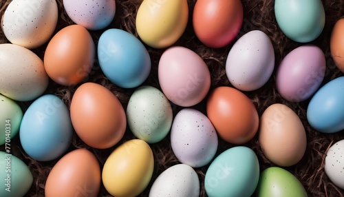 Colorful painted multitude of chocolate easter eggs, iced sugar on them