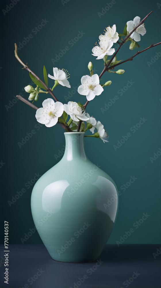 Still life photography of white cherry blossoms in a celadon vase, against a dark blue background.