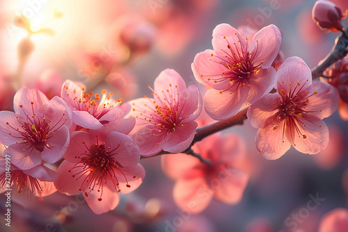 Flowering fruit trees in spring. Blooming branch of cherry  apricot  apple tree in sunny weather in spring.
