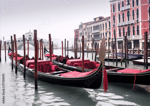Gondolas on a Venetian canal with Rialto Bridge in the distance, Italy.