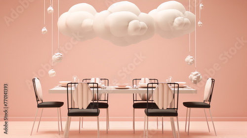 Minimal surreal pastel pink dinning room table with clouds and chairs