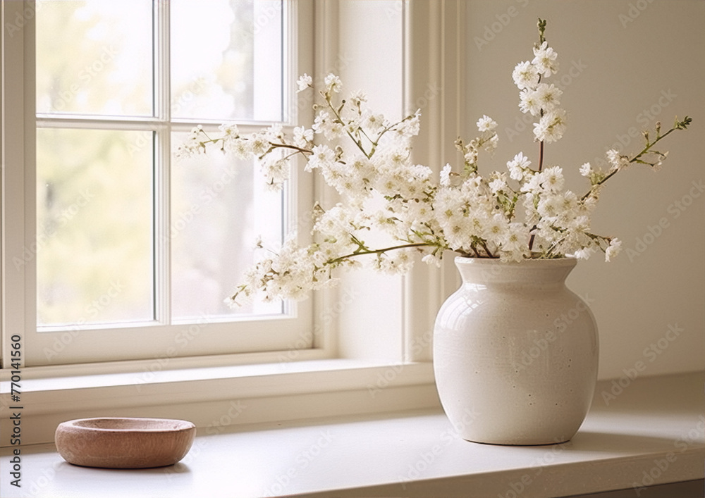 Still life photography of a ceramic vase with white cherry blossoms on a white table against a white background in a bright natural light