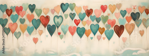 Colorful hot air balloons in the shape of hearts float against a pale blue sky in this painting with a whimsical style. photo