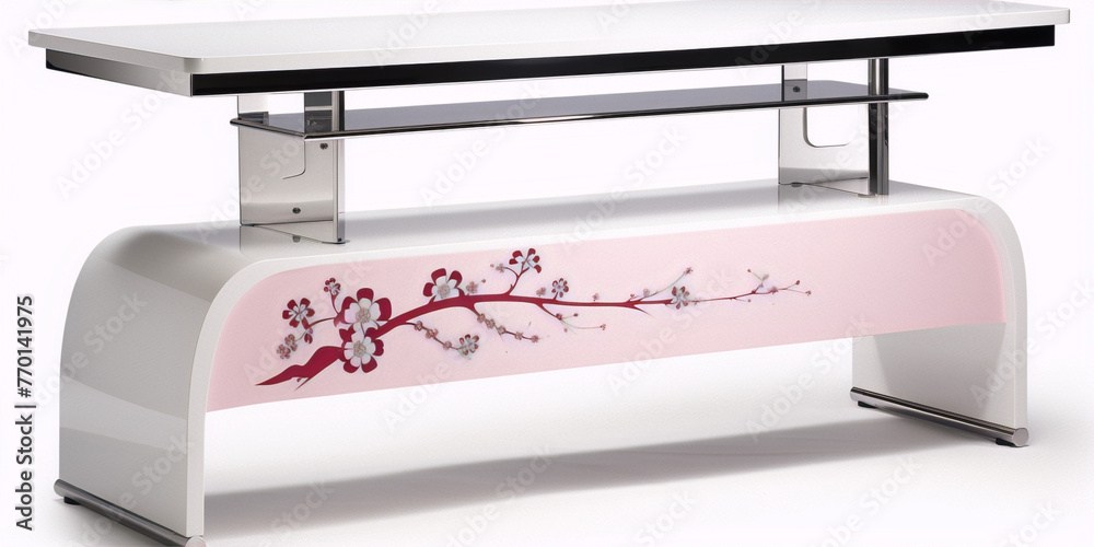 Minimalist white lacquer tv stand with pink floral decal, ideal for a contemporary living room. Minimalist white lacquer tv stand with pink floral decal, ideal for a contemporary living room.