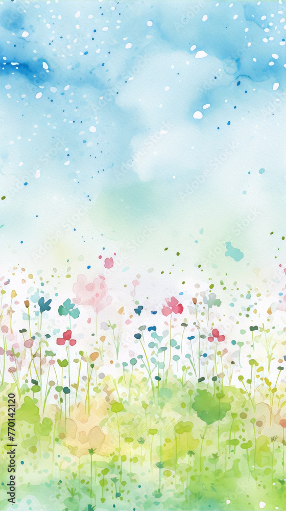 Delicate watercolor painting of a colorful wildflower meadow in full bloom against a pale blue sky.