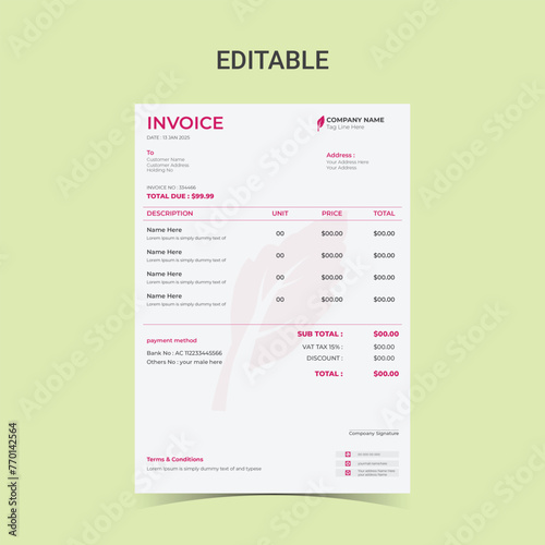 Company business clean modern and Minimal professional creative invoice Vector design template