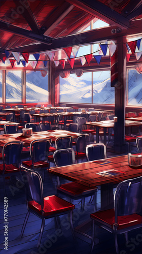 Retrofuturism restaurant interior with large windows and a view of the snowy mountains