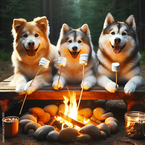 Three Dogs Group Sitting Chilling Around Campfire in Camp Roasting Marshmallows Making S'mores. Summertime Camping, Traveling, Trip, Hiking, Camper, Nature, Journey. Cozy Adventurous Wilderness Night 