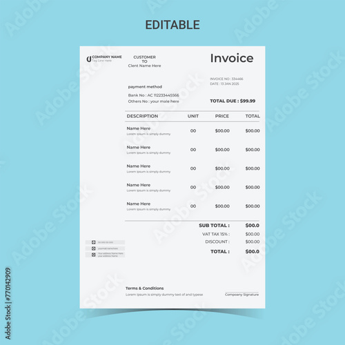 Company business clean modern and Minimal professional creative invoice Vector design template